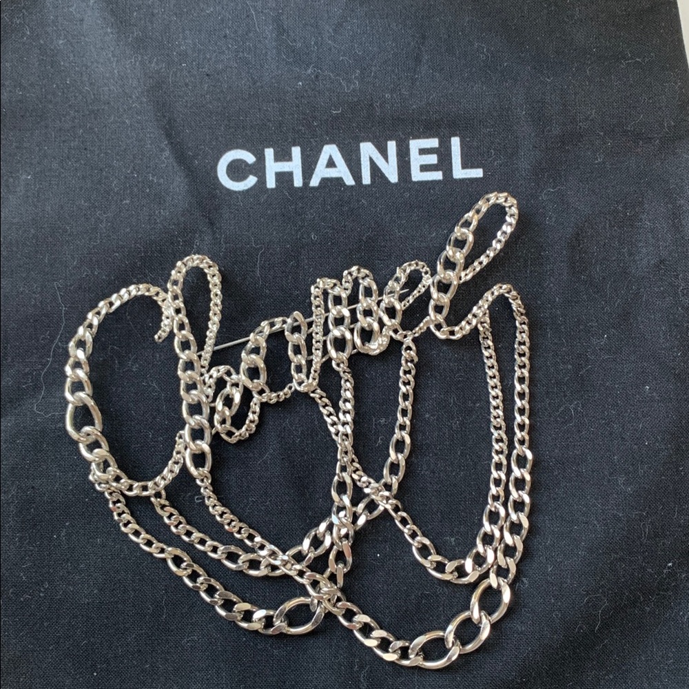 RARE Vintage🖤06P Huge CHANEL Chain Script Cursive Fringe Silver Metal Brooch Pin